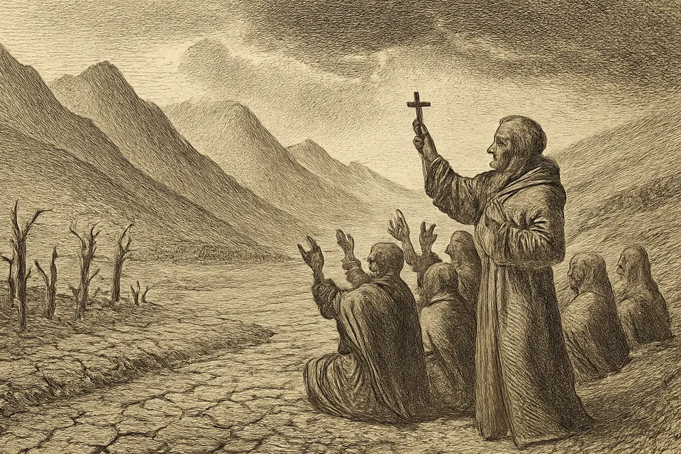 Ilustración en estilo grabado de indígenas que rezan arrodillados en un campo reseco de los Andes del sur del Ecuador mientras empiezan a formarse nubes de lluvia