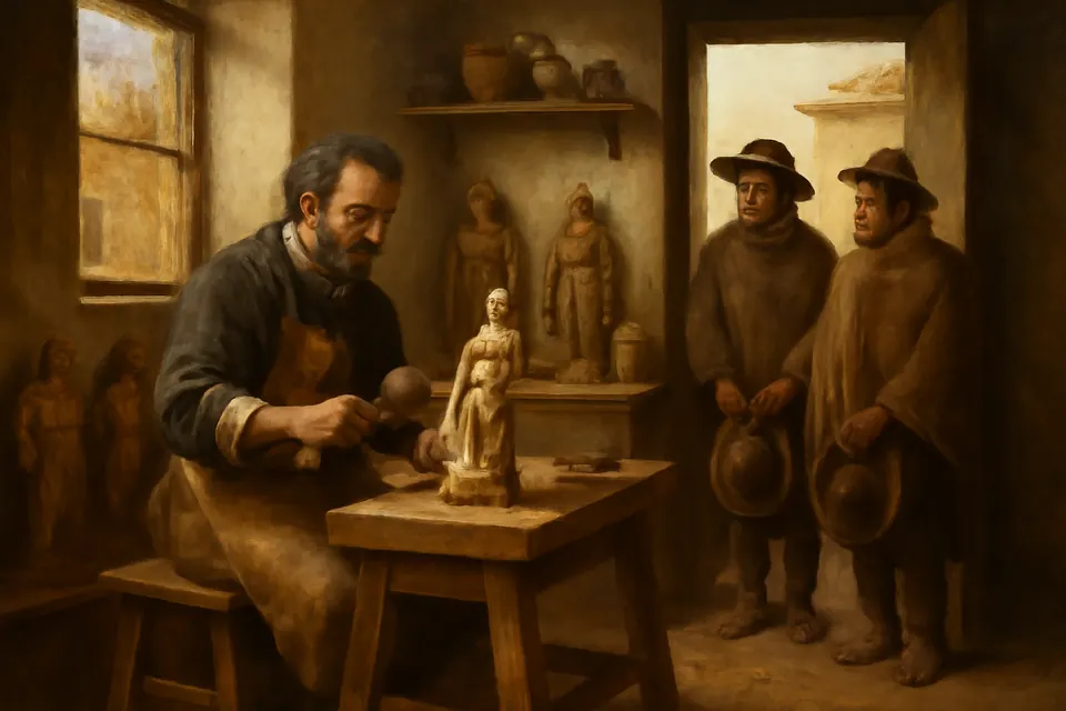 Ilustración en estilo óleo de un escultor en su taller de Quito, en el siglo XVI, que talla una pequeña imagen de la Virgen mientras dos indígenas lo miran desde la puerta