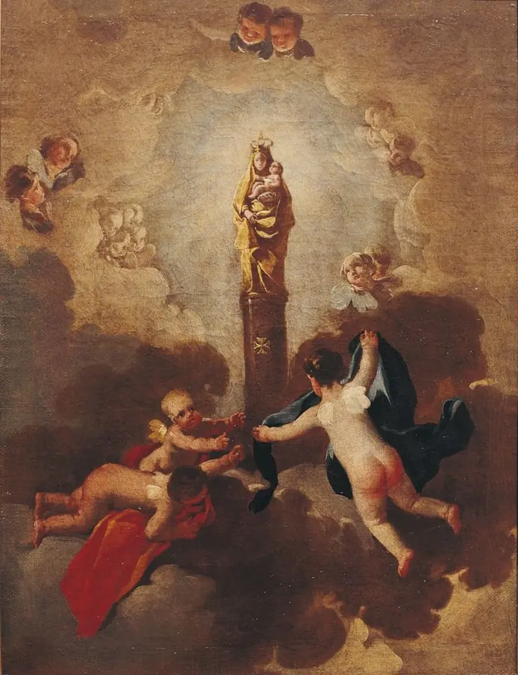 Pintura de Goya de la pequeña imagen dorada de la Virgen con el Niño sobre la columna, entre nubes, mientras dos angelitos sostienen un manto azul y otro uno rojo
