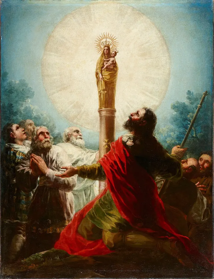 Pintura de Goya del apóstol Santiago con capa roja, arrodillado y con los brazos abiertos, junto a sus discípulos ancianos, ante una pequeña imagen dorada de la Virgen con el Niño sobre una columna, rodeada de un gran resplandor