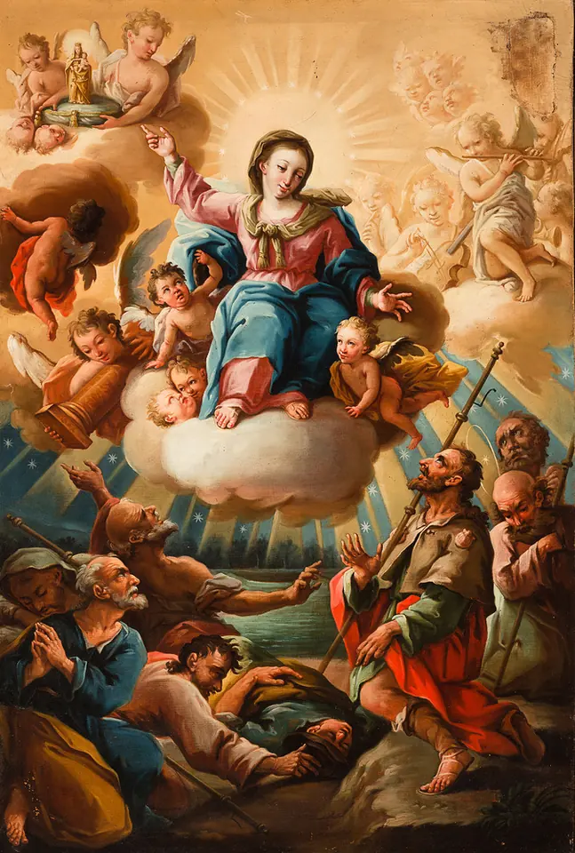 Pintura barroca de la Virgen sobre una nube rodeada de querubines, que señala hacia arriba, con ángeles que traen la columna, y Santiago con bordón de peregrino arrodillado junto a sus discípulos a orillas del río