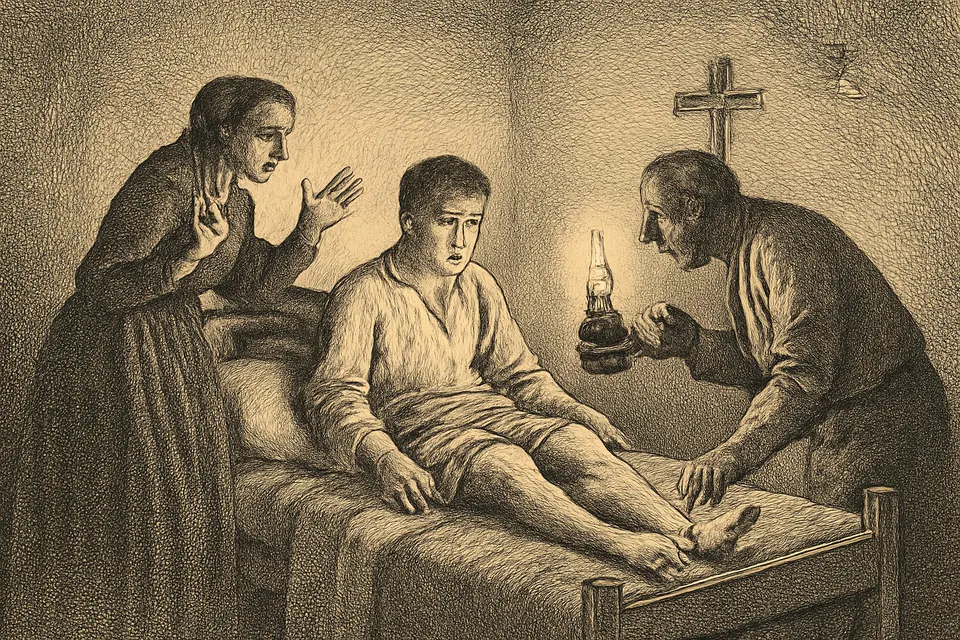 Ilustración en estilo grabado de un joven campesino aragonés que despierta en su cama, en una casa humilde, con las dos piernas, mientras su madre levanta las manos asombrada y su padre acerca un candil