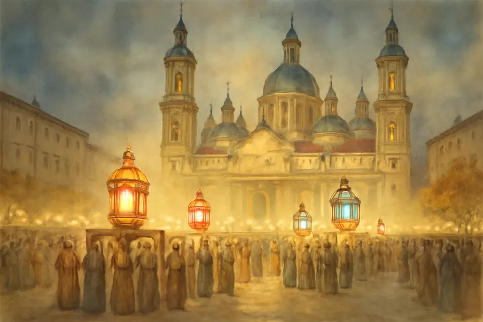 Ilustración en acuarela de una procesión nocturna por una plaza, con grandes faroles de cristal iluminados que llevan los fieles en andas ante la fachada de una basílica de cúpulas