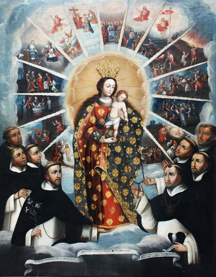 Pintura colonial de la Virgen coronada con el Niño sobre nubes, rodeada de quince pequeñas escenas de los misterios del Rosario en forma de rayos, con frailes dominicos de hábito blanco y negro a sus pies