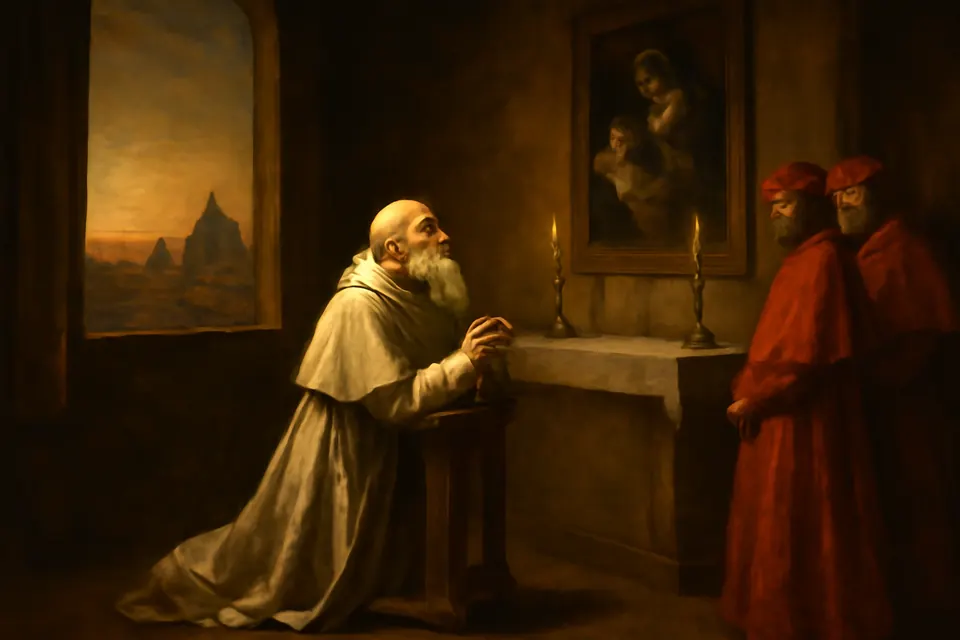 Ilustración en estilo óleo de un anciano papa con hábito blanco rezando el rosario de rodillas en una capilla del Vaticano, mientras por la ventana se ve el atardecer sobre Roma