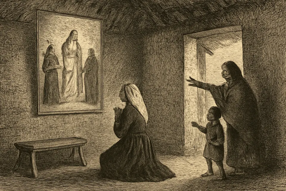 Ilustración en estilo grabado de María Ramos arrodillada en una capilla de paja de Chiquinquirá mientras un viejo lienzo de la Virgen del Rosario se ilumina, con una mujer indígena y un niño que señalan asombrados