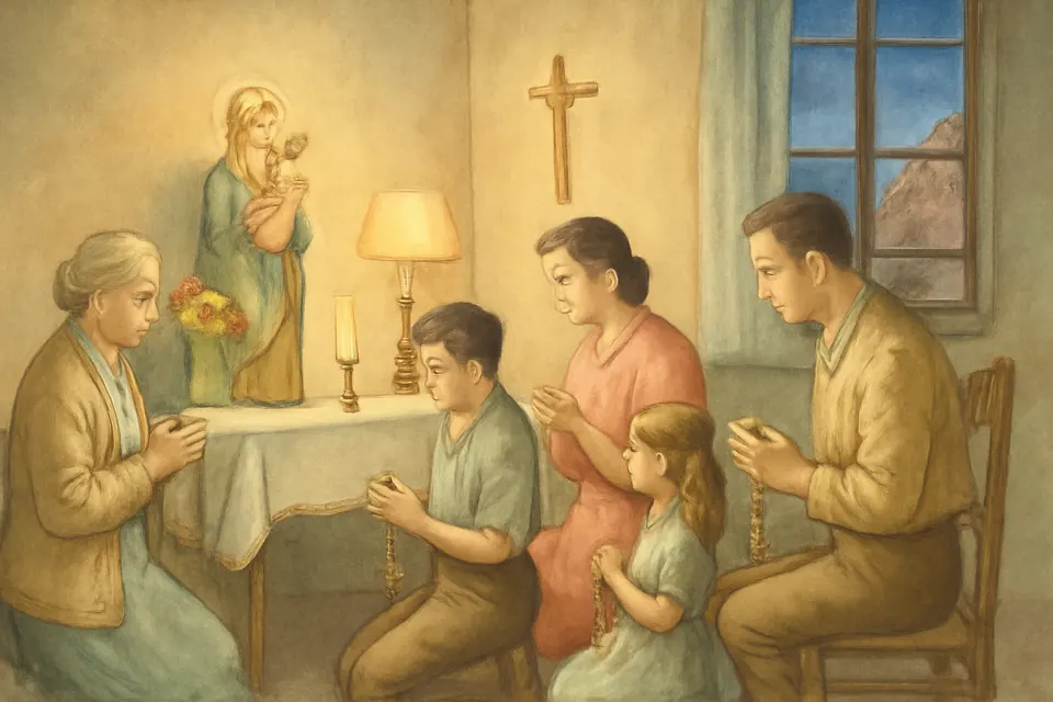 Ilustración en estilo acuarela de una familia latinoamericana de tres generaciones rezando el rosario por la tarde ante un pequeño altar casero con una imagen de la Virgen del Rosario y velas encendidas
