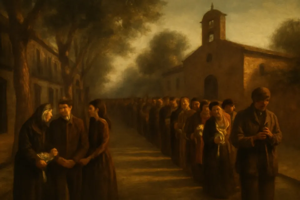 Ilustración en estilo óleo de una larga fila de peregrinos con flores y cintas blancas a la puerta de una iglesia de barrio en Buenos Aires, al amanecer