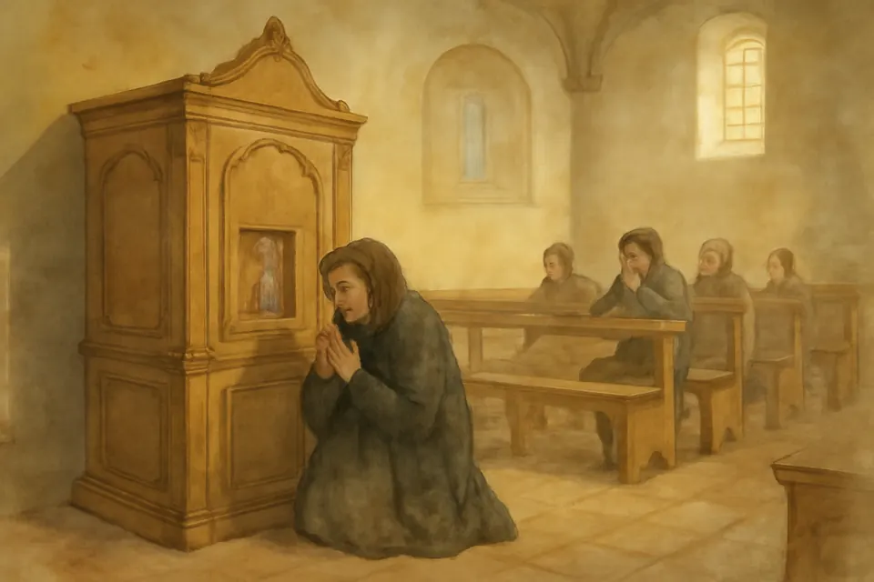 Ilustración en estilo acuarela de una mujer mayor arrodillada junto a un confesionario de madera en una iglesia colonial, con las manos juntas, mientras otros fieles esperan su turno en los bancos