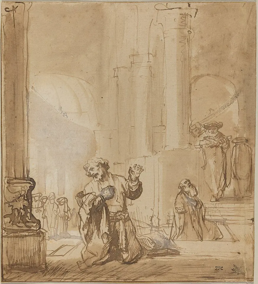 Dibujo a pluma y aguada sepia del interior del Templo, con un hombre arrodillado en primer plano que se lleva una mano al pecho y levanta la otra, y otro que ora inclinado más atrás
