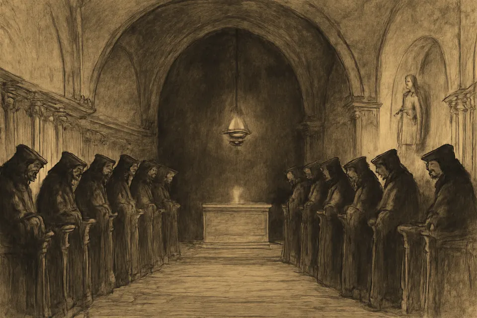 Ilustración en estilo de dibujo a tinta de unos monjes en el coro de una iglesia a oscuras que, de pie e inclinados, rezan las Completas antes de dormir a la luz de una sola lámpara