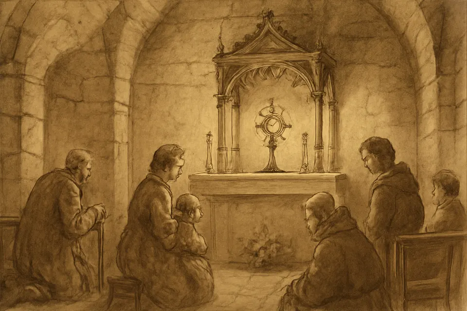 Ilustración en estilo óleo de fieles arrodillados en adoración ante una custodia dorada en el altar de una capilla iluminada por velas