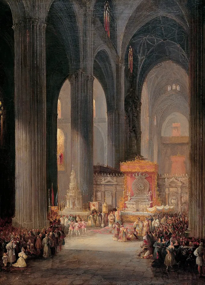 Pintura de la enorme nave gótica de una catedral con multitudes arrodilladas al paso de una procesión bajo palio hacia un altar resplandeciente
