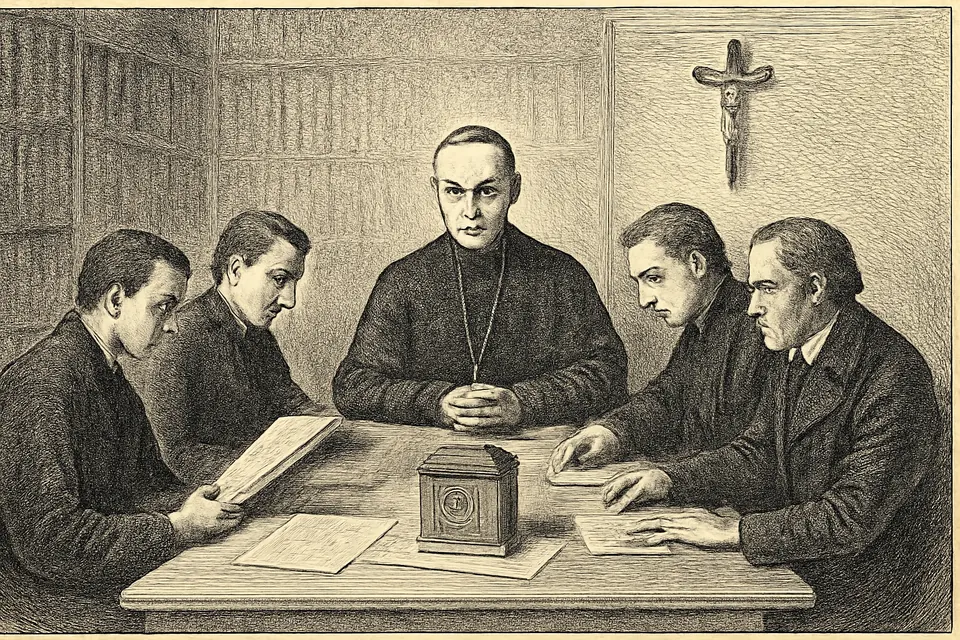 Ilustración en estilo grabado de un obispo con su comisión de sacerdotes y médicos que examinan documentos y un relicario sellado en una larga mesa