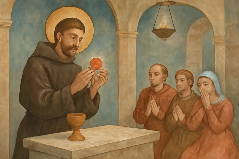 Ilustración en estilo fresco de un monje del siglo VIII ante el altar de una pequeña iglesia, sobrecogido al ver que la Hostia que tiene en las manos aparece como carne