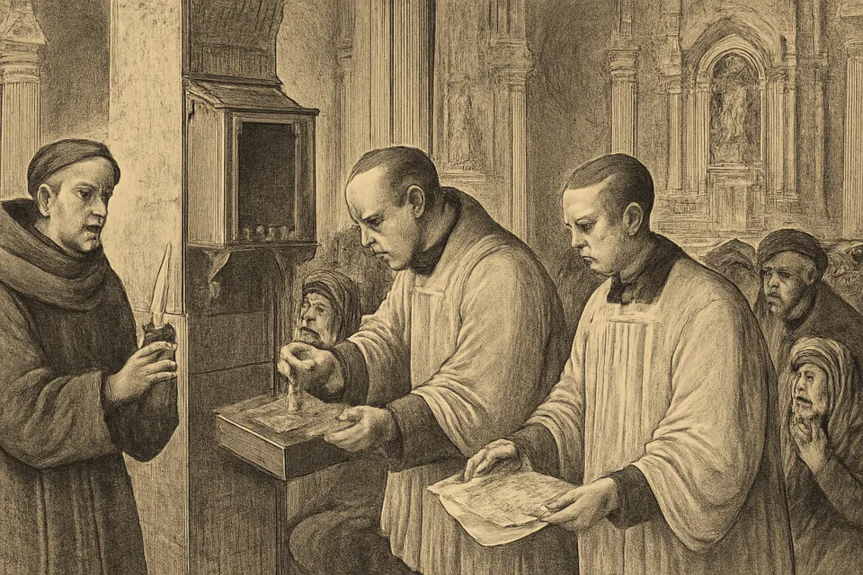 Ilustración en estilo grabado de sacerdotes y vecinos de Siena en el siglo XVIII reunidos junto al cepillo de limosnas de una iglesia, donde se han encontrado las Hostias robadas