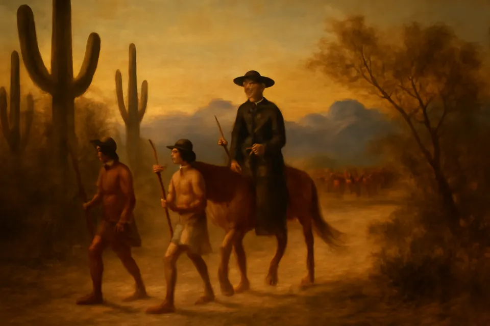 Oil-painting-style scene of a Jesuit missionary on horseback in a black cassock and wide hat, riding through the Sonoran desert among saguaro cactus with two Native guides on foot