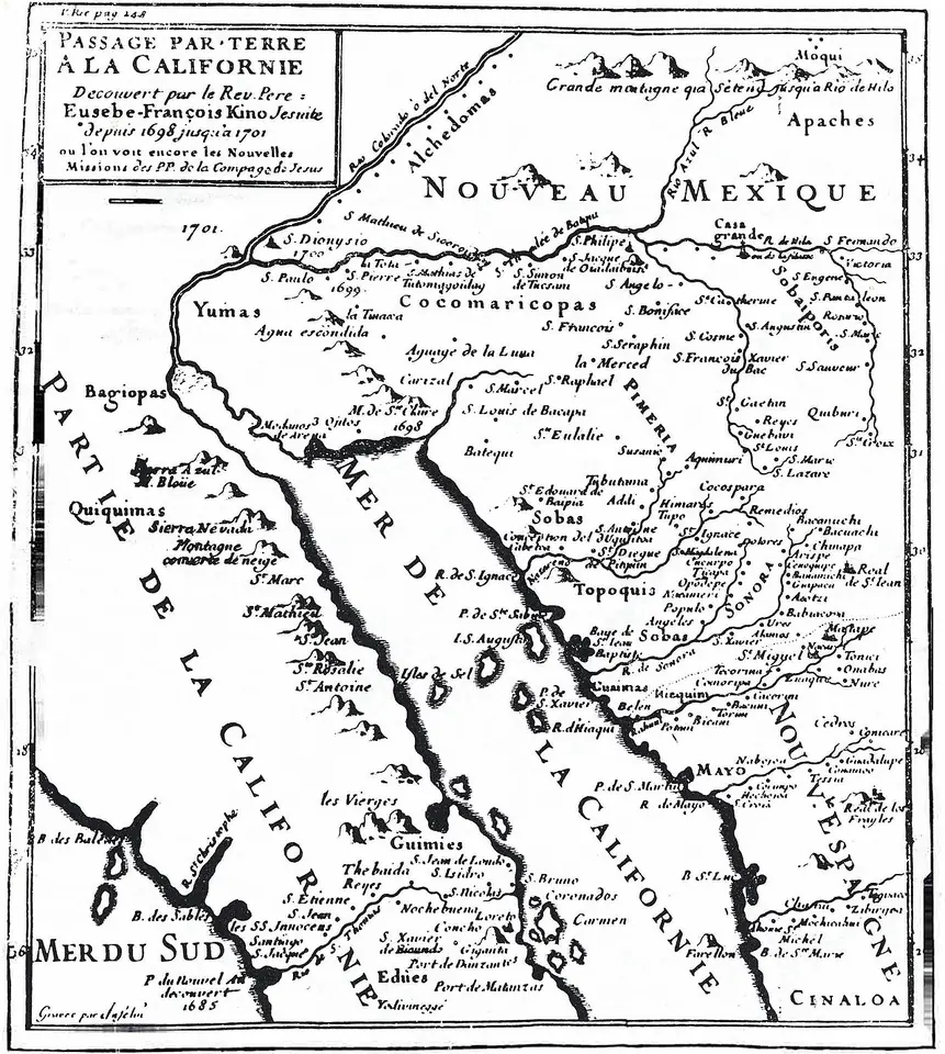 Black-and-white map of the Gulf of California and the lands north and east of it, showing California joined to the mainland by land at the head of the gulf