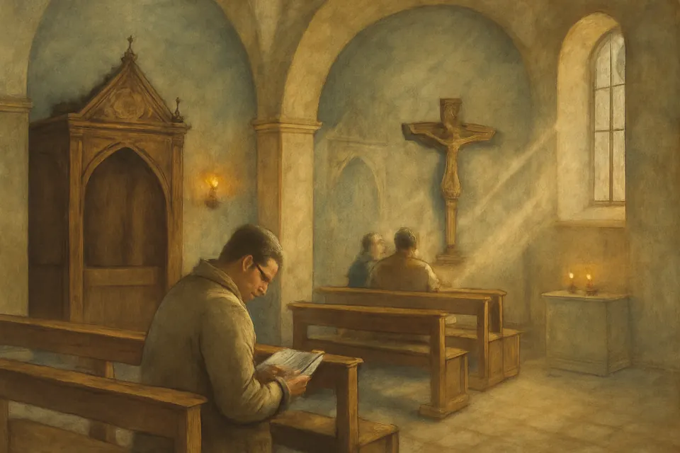 Ilustración en estilo óleo de un hombre arrodillado solo en una banca de la iglesia con un librito en las manos, y al fondo un confesionario de madera con una lámpara encendida