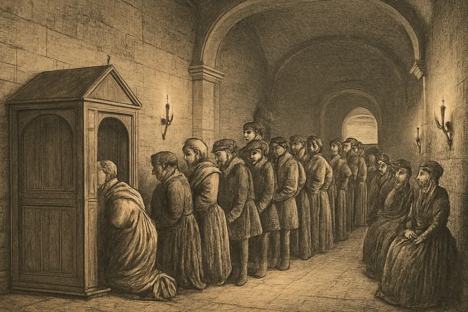 Ilustración en estilo grabado de una larga fila de campesinos que esperan para confesarse con San Juan María Vianney en la iglesia de Ars