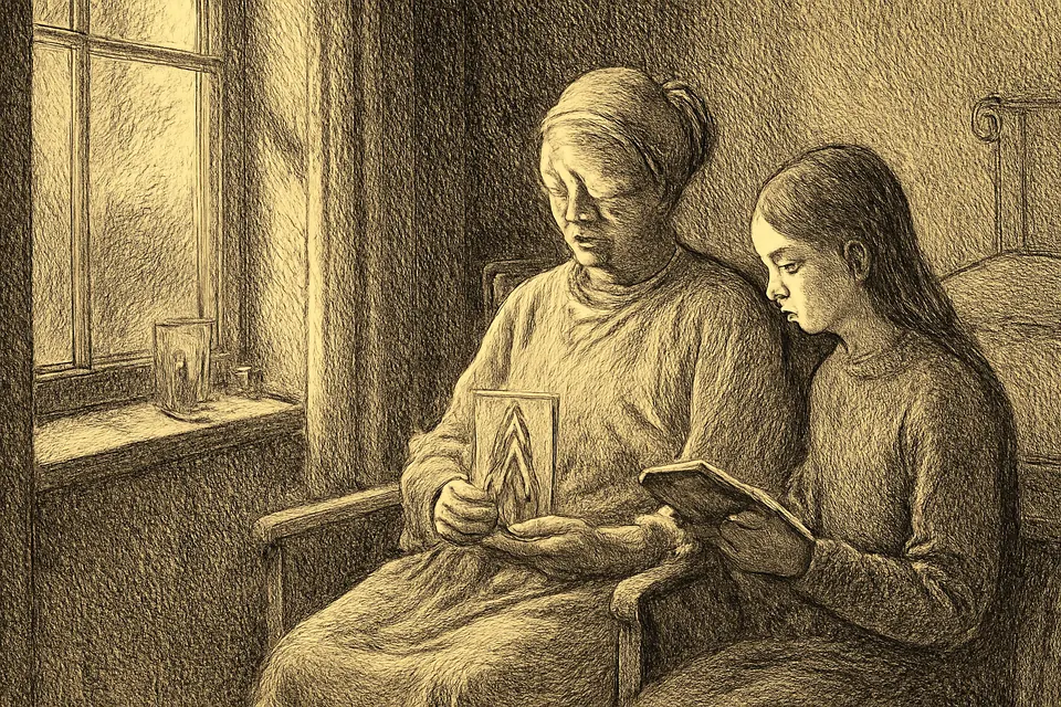 Oil-painting-style illustration of an elderly woman in a hospital gown sitting by a window after eye surgery, a bandage over one eye, holding a small St. Lucy holy card while her granddaughter reads to her