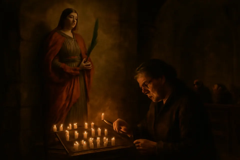 Oil-painting-style illustration of a woman lighting a candle before a statue of St. Lucy holding a dish with eyes in a dim side chapel