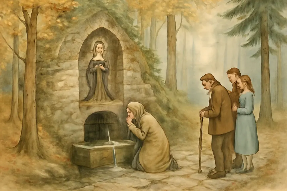 Watercolor-style illustration of pilgrims at a stone spring in a forest on a mountainside, one woman cupping water to her eyes