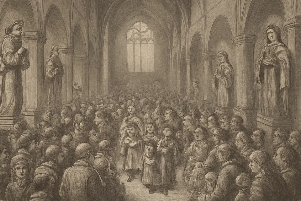 Oil-painting-style illustration of a crowded church on All Saints' Day, with statues of famous saints along the aisles and families lighting candles before them