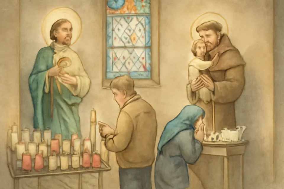 Watercolor-style illustration of a man lighting a candle before a statue of St. Jude while a woman prays at a statue of St. Anthony in a city church