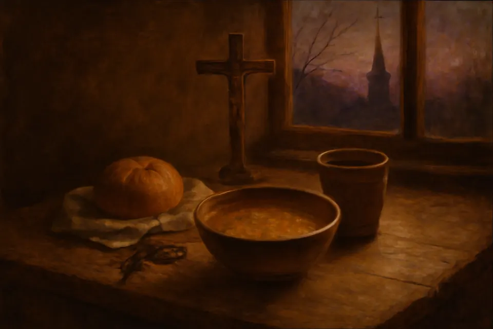 Ilustración en estilo óleo de una mesa sencilla de Cuaresma con un plato de sopa, un pan, un vaso de agua, un rosario y un pequeño crucifijo junto a una ventana al atardecer