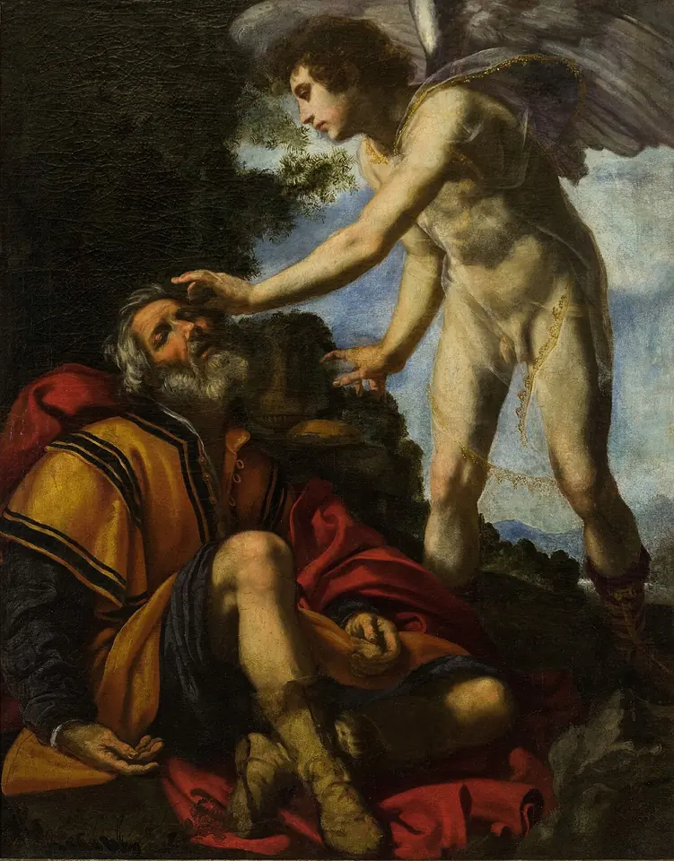 Un ángel con alas se inclina sobre el profeta Elías, anciano de barba blanca con manto rojo dormido en el suelo, y le toca la cabeza para despertarlo
