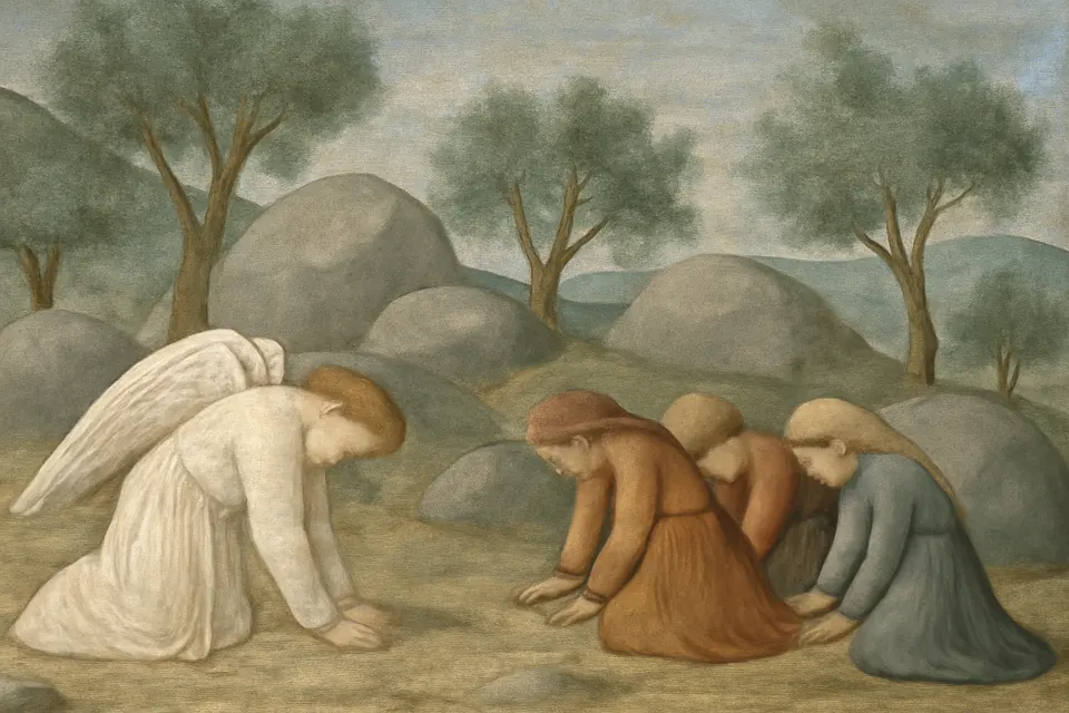 Fresco-style illustration of an angel in white bowing to the ground on a rocky hillside while three shepherd children kneel and copy him