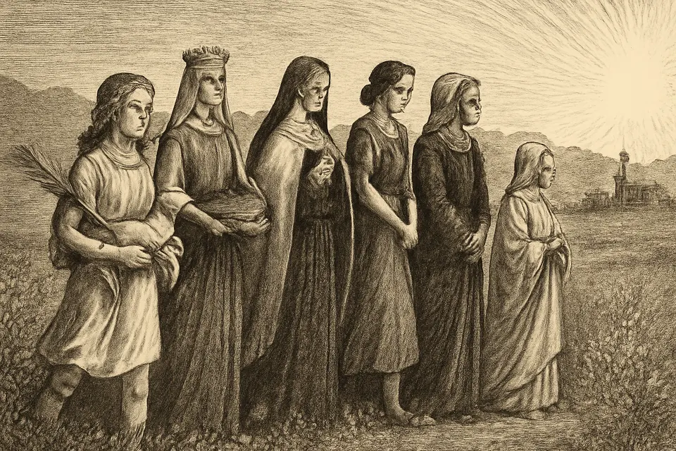 Fresco-style illustration of a procession of women saints of many ages and eras walking together toward a light, a queen, a nun, a martyr with a palm and a young Mohawk woman among them