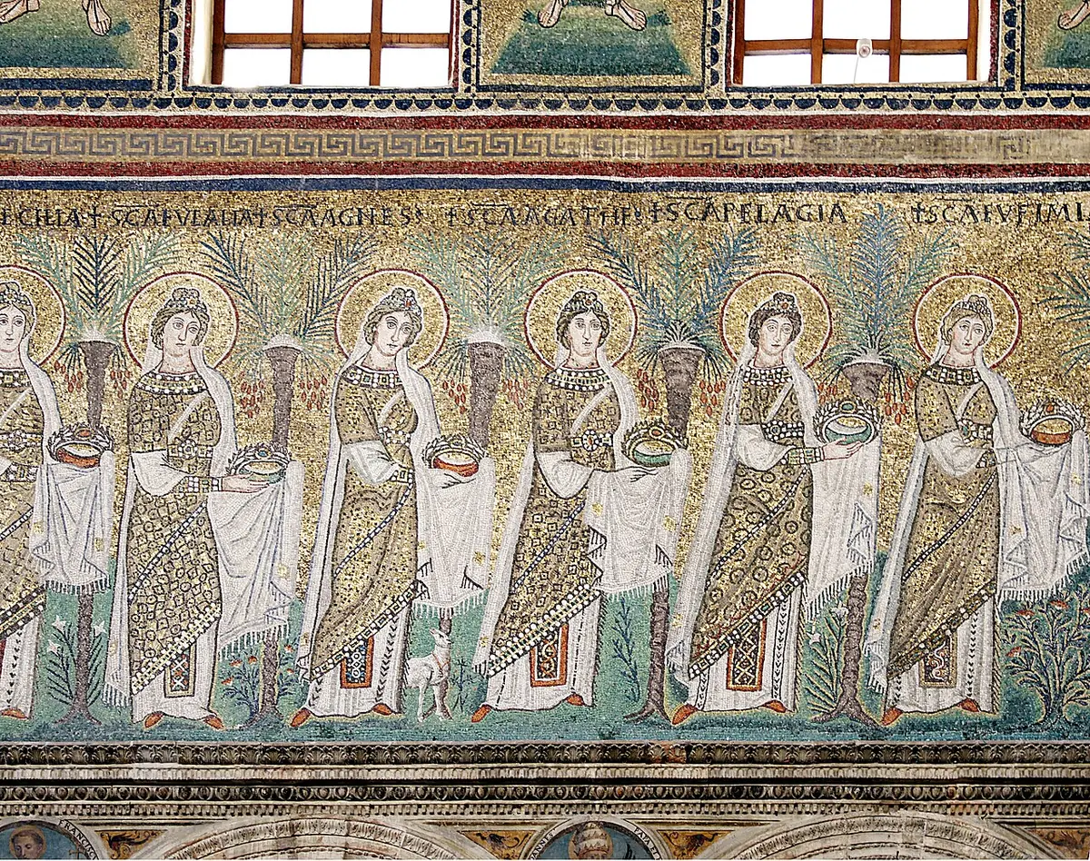 Gold-ground Byzantine mosaic of a row of haloed women in jeweled white robes carrying crowns, each with her Latin name written above her head, separated by palm trees
