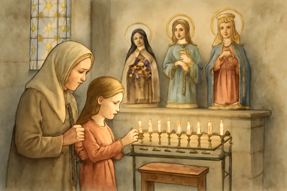 Watercolor-style illustration of a grandmother and granddaughter lighting candles before statues of women saints in a parish side chapel