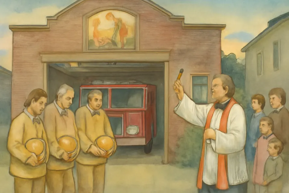 Illustration of firefighters in modern gear bowing their heads as a priest blesses them and their engine in front of a small-town fire station with a painting of St. Florian above the door