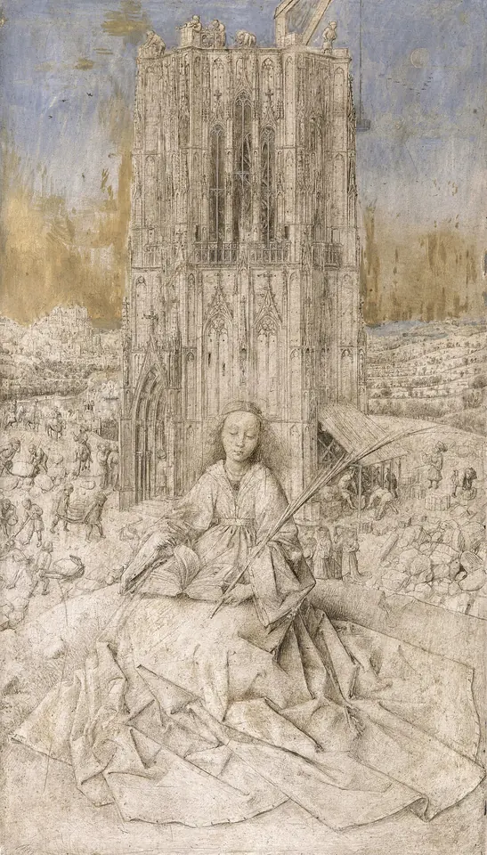 Unfinished brush drawing on panel of St. Barbara seated reading in front of an enormous Gothic tower under construction, with masons and workmen around it