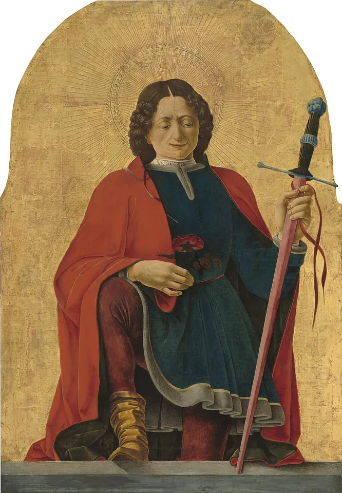 Renaissance panel of a young man with long brown curls and a smiling face in a red cloak over a blue tunic, holding a long sword, against a gold background