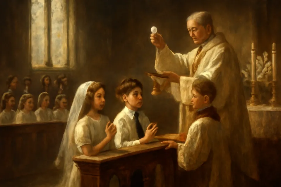 Oil-painting-style illustration of a girl in a white dress and veil and a boy in a white shirt and tie kneeling at an altar rail to receive their First Holy Communion from a priest