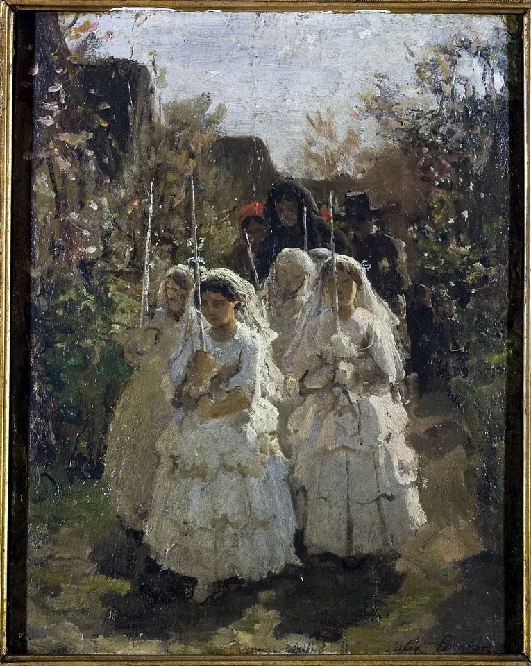 Village girls in white dresses and long veils, carrying tall candles, walk in procession along a leafy country lane, followed by their families