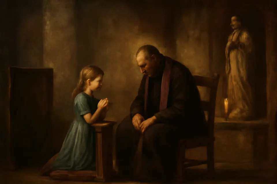 Oil-painting-style illustration of a girl of about seven kneeling beside a priest in a quiet corner of a church for her first Confession