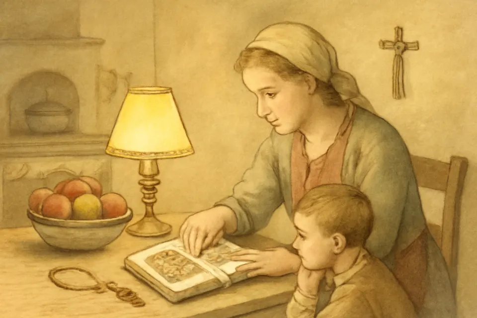 Watercolor-style illustration of a mother and her young son at a kitchen table reading a children's catechism together in the evening