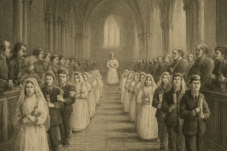 Engraving-style illustration of a line of children in white dresses and suits walking two by two up a church aisle carrying lit candles on First Communion day