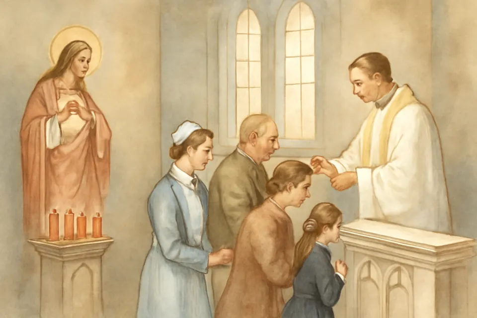 Watercolor-style illustration of parishioners kneeling at an altar rail for early-morning Communion on a First Friday, beneath a statue of the Sacred Heart