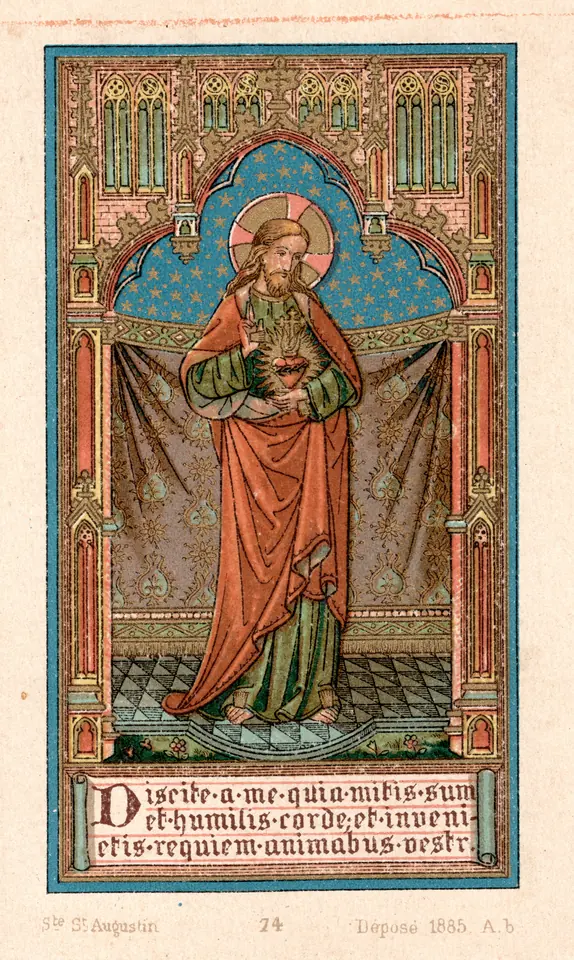 Neo-Gothic holy card of Jesus standing in a red robe and pointing to his heart, under a pointed arch, with a Latin verse from Matthew in a banner below