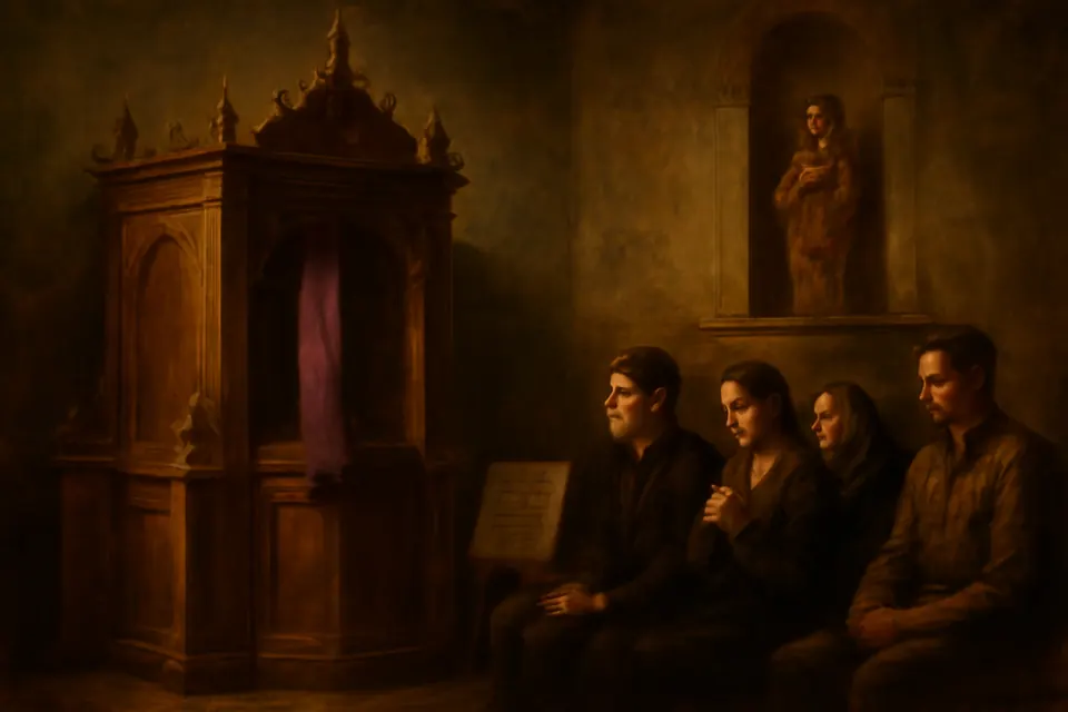 Oil-painting-style illustration of parishioners waiting by a wooden confessional on the Thursday evening before a First Friday