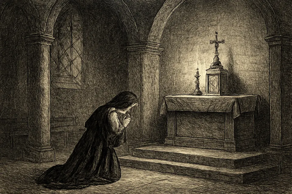 Engraving-style illustration of a nun praying alone at night before the tabernacle in a dark convent chapel