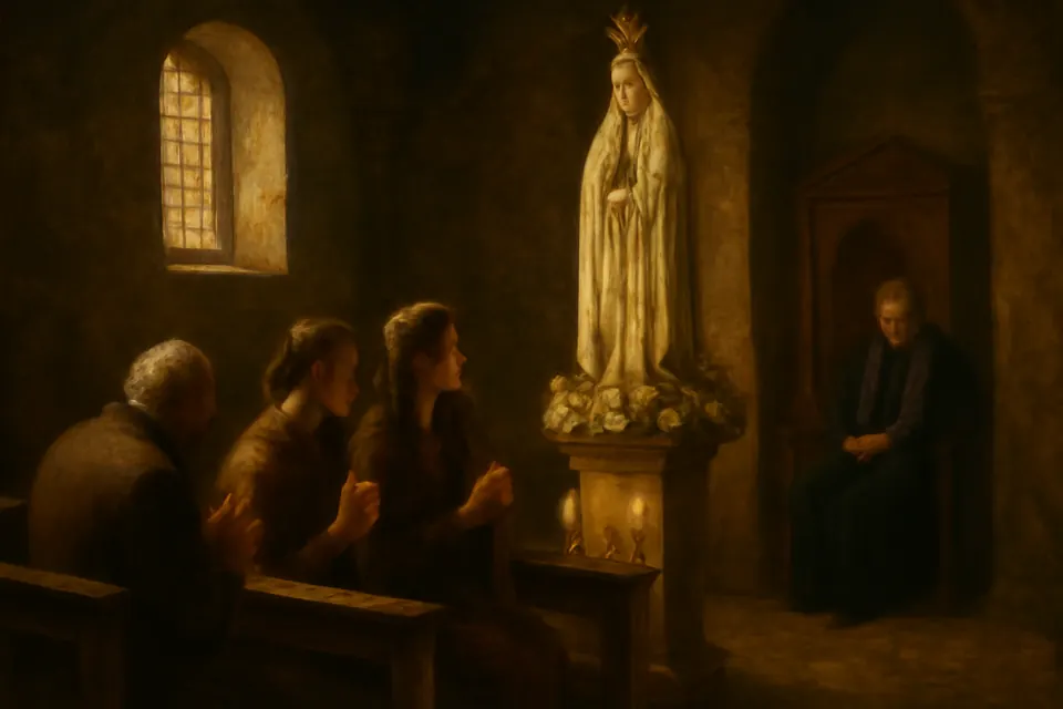 Oil-painting-style illustration of the faithful praying the rosary on a Saturday morning before a statue of Our Lady of Fátima in a small chapel