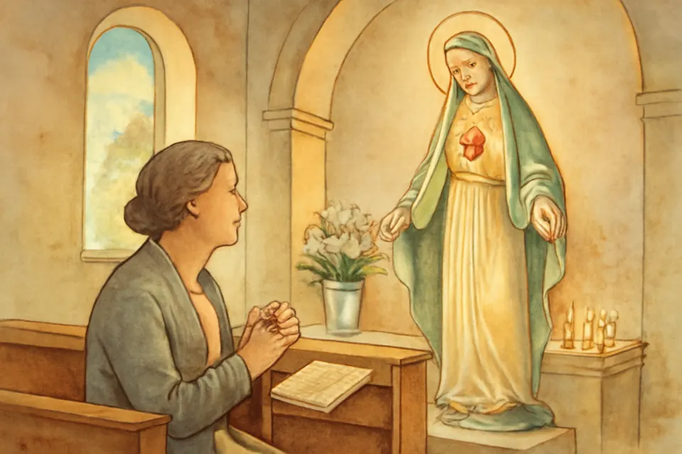 Watercolor-style illustration of a woman sitting quietly with a rosary and an open booklet before a statue of Our Lady, keeping her fifteen minutes of meditation