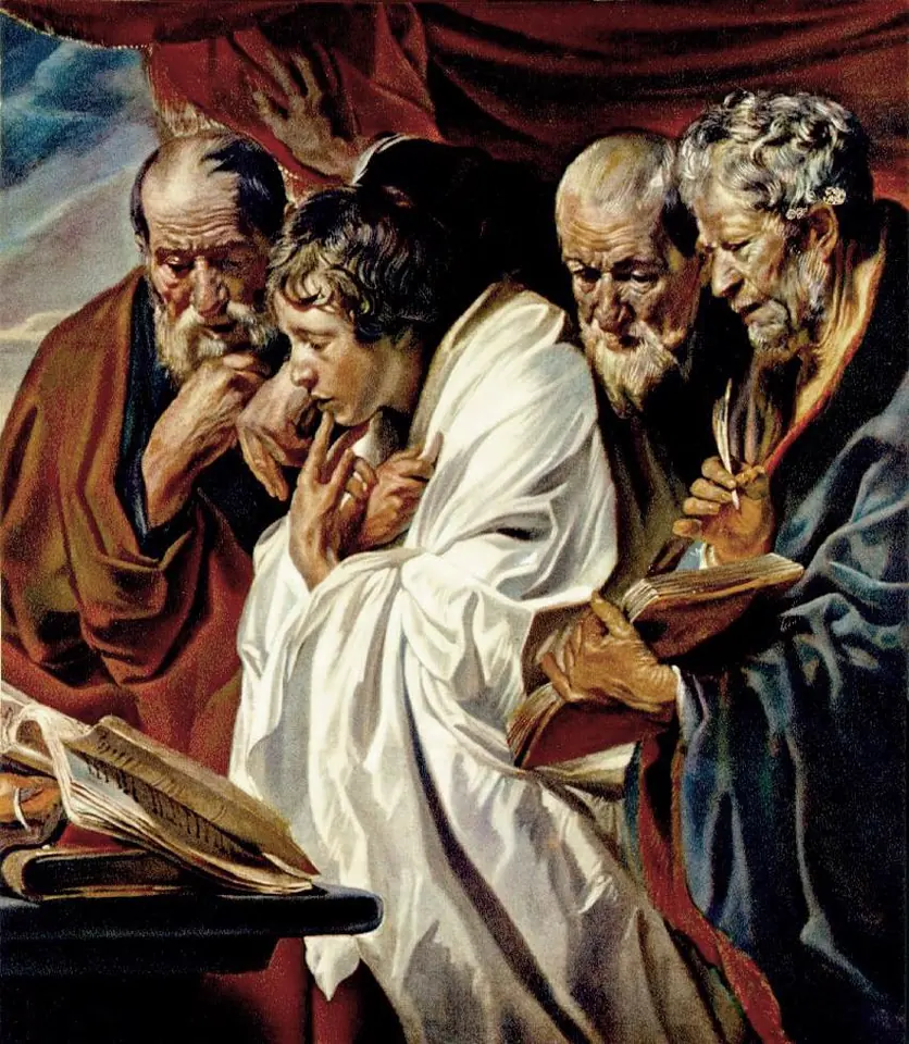 Four men crowded around a table with open books, three older bearded men in heavy robes and a young man in white at the center, studying a page together
